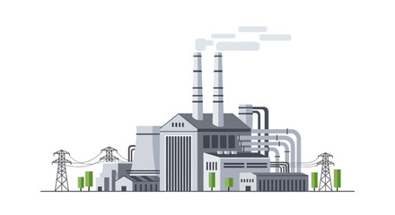 Stylized Industrial Complex with Transmission Towers and Smoke Emitting from Stacks representing contemporary manufacturing infrastructure
