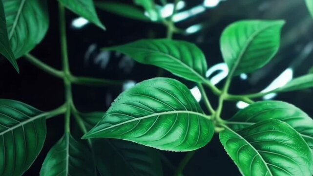 Lush Green Leaves with Intricate Veins in Natural Lighting Close Up View of Vibrant Green Leaves Dark Background for Product Display with Serene Quality. Seamless looping 4k video background