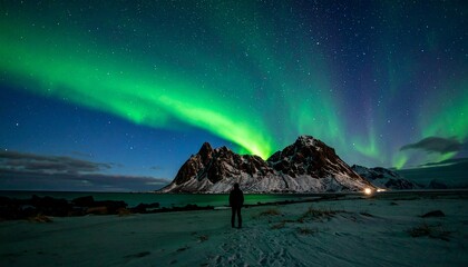 Green northern lights illuminating snowy peaks under starry night.
