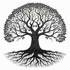 Obraz premium Illustration of a detailed black and white tree with leaves and visible roots on a white background