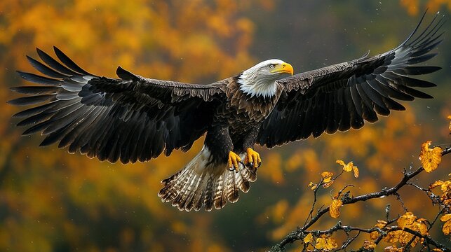 Bald eagle soars with wings spread against a blurred autumn foliage background. - Powered by Adobe
