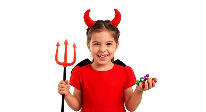 A smiling girl in a red devil costume with horns and wings holding a trident and colorful balls in her hand