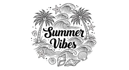 Naklejka premium Summer Vibes Illustrated Scene with Palm Trees and Ocean Waves