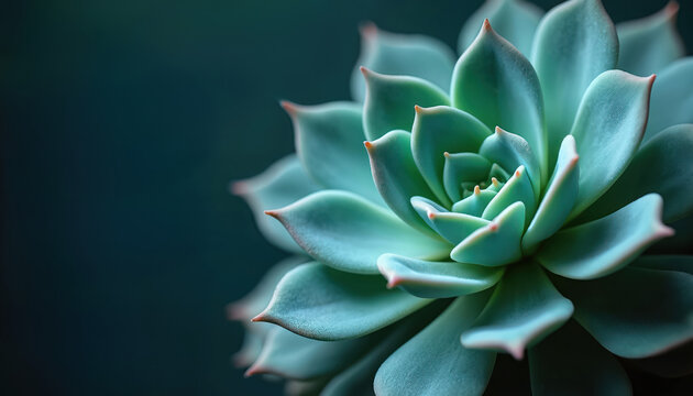 Closeup macro photo of teal succulent plant. Detailed geometric pattern of green blue leaves shows organic texture. Vibrant high-colored flora offers serene beauty, zen-like calm, perfect for