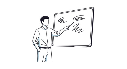 Delineated illustration portraying a lecturer expounding details on a whiteboard presentation