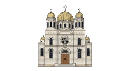 Obraz premium Architectural Drawing of an Elaborate Synagogue with Golden Domes and Star of David Details standing out against a white backdrop