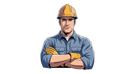 Confident construction worker with arms crossed wearing safety helmet