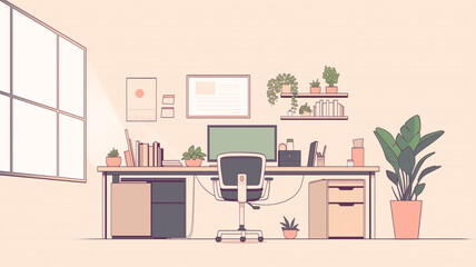 無人で静かなオフィス空間をアニメイラストで表現した作品。シンプルで整然としたデスクや家具が描かれ、抽象的な雰囲気を持つ背景用イメージ。