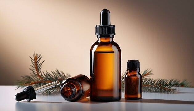 serene elixir a minimalist presentation of amber glass bottles with black droppers showcasing the elegance and simplicity of essential oil wellness