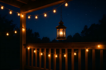 Atmospheric Outdoor Deck with String Lights and Hanging Lantern at Night