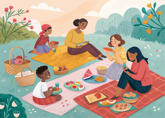 A group of people enjoying a picnic with food and drinks on blankets in a grassy outdoor setting scene