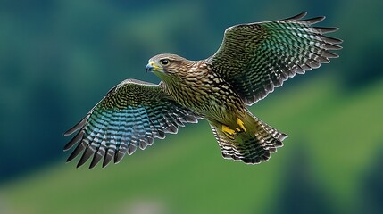 Bird of prey soars in flight against a blurred green background.
