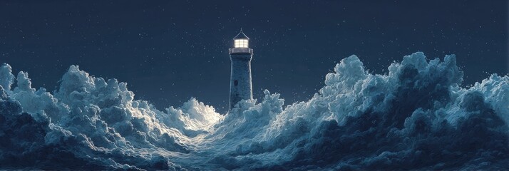 Luminous lighthouse pierces a night sky full of clouds