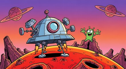 Whimsical Alien Encounter: Cartoon Spaceship Lands on a Strange Planet