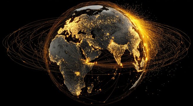 Illuminated globe of Earth, network of light trails