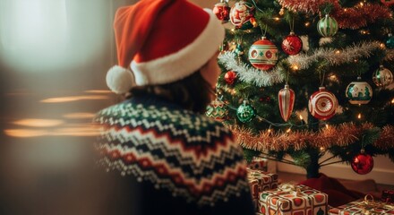 Woman in santa hat looking at decorated Christmas tree with presents. Festive holiday scene for winter celebration.
