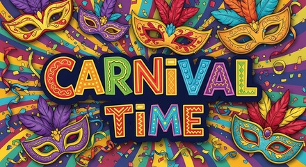 Festive Carnival Time Celebration with Masks and Colorful Confetti