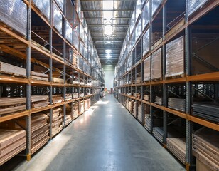 Fototapeta premium spacious warehouse aisle with stacked shelving units