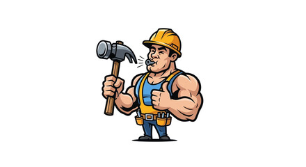 Fototapeta premium Illustrative construction worker striking pose with hammer and whistle symbol