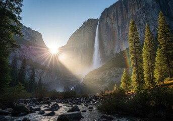 Bridalveil Fall Waterfall with Rainbow in Mist and Dramatic Backlighting