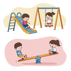 Happy Children Playing on Playground Swings and Slides, Enjoying Outdoor Activities