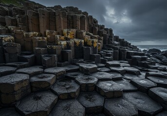 Close-up of Giant’s Causeway Basalt Rocks with Hexagonal Patterns and Sea Spray