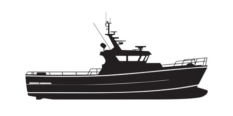 monochrome boat vector art with cabin mast railings antenna nautical silhouette graphic scalable eps ai png jpeg