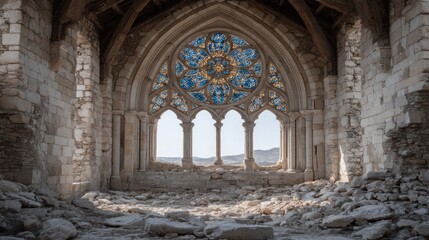 Interior of an old church with a stained glass window with beautiful details