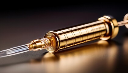 precision in gold a close up shot of a pristine syringe the needle gleams ready to deliver medication a medical symbol of progress and care