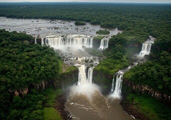 Fototapeta premium Drone Shot of Iguazu Falls on Argentina-Brazil Border with Multiple Waterfalls