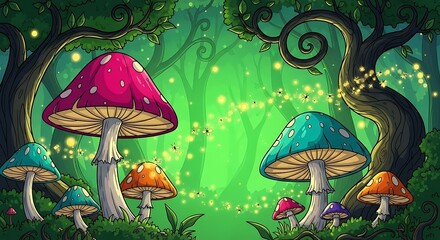 Enchanted Mushroom Forest, a Whimsical Wonderland with Glowing Lights