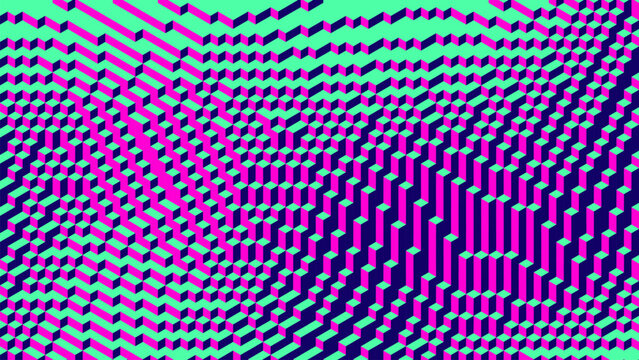 Futuristic geometric voxel pattern made of cubes in axonometric perspective with bright bold contrasting neon colors. Voxel cubes with cyan pink purple tones forming an optical and geometric illusion