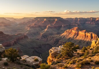 Fototapeta premium Grand Canyon Wide Panorama at Golden Hour with Warm Sunlight and Rocky Textures