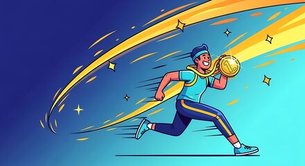 Cartoon athlete running with gold medal against a starburst background