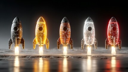 Five stylized rockets in different metallic colors stand in a row on surface.