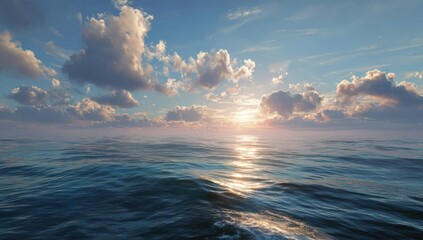 Wide shot of a placid sea at sunset.  Clouds fill the sky