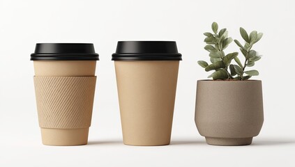 Three disposable coffee cups, a muted grey pot, and a small plant
