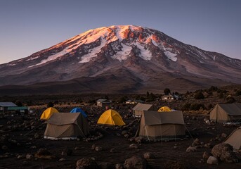 Sunrise View from Kilimanjaro Base Camp with Alpenglow on Snowy Summit