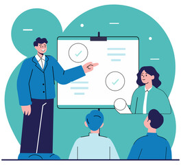 Minimal Flat Design of Senior Employee Explaining Processes to New Hires with Whiteboard Illustrations