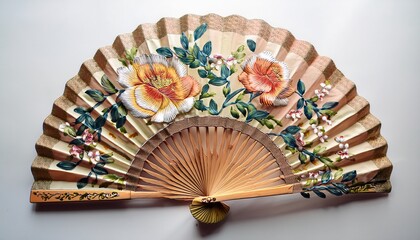 exquisite decorative hand fan adorned with delicate floral embroidery on white background