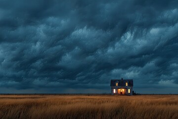 Fototapeta premium A solitary farmhouse bathed in the warm light of its interiors, silhouetted against a dramatic, stormy sky over a golden field