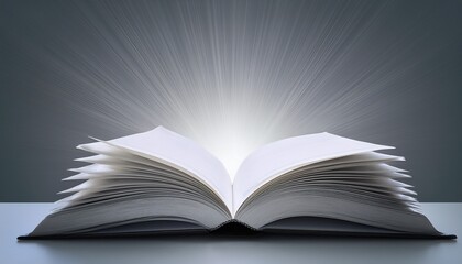 Fototapeta premium open blank white book with glowing pages against light gray background creating dramatic lighting effect and shadows suitable for educational and literary concepts