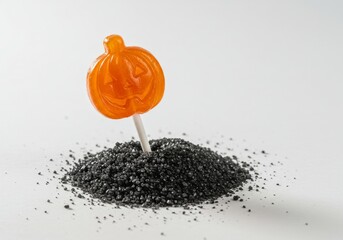 Halloween pumpkin lollipop in black sugar, spooky treat