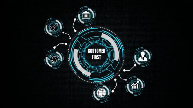 Customer Frist business concept on a flashing computer monitor with moving graphs and data.3D animation on grid background .4k video 