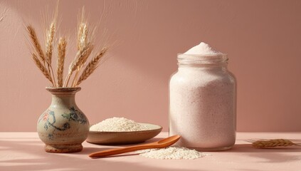 A still life of rice and pink salt
