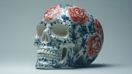 Porcelain skull adorned with intricate red and blue floral patterns, on minimalist gray background