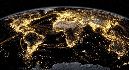 Earth at night, illuminated by city lights, connected by golden lines