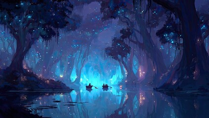 Mystical forest at night.  Two people in a boat