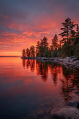 Obraz premium stunning sunset over tranquil lakes of canada reflecting ultrabright hues across water