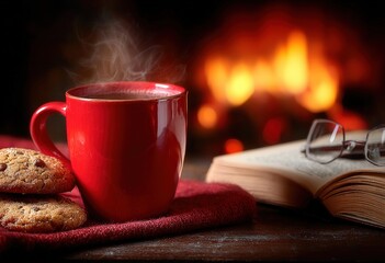 Steaming red mug with coffee, cookies and open book with eyeglasses on wooden table by the fireplace, creating cozy winter atmosphere